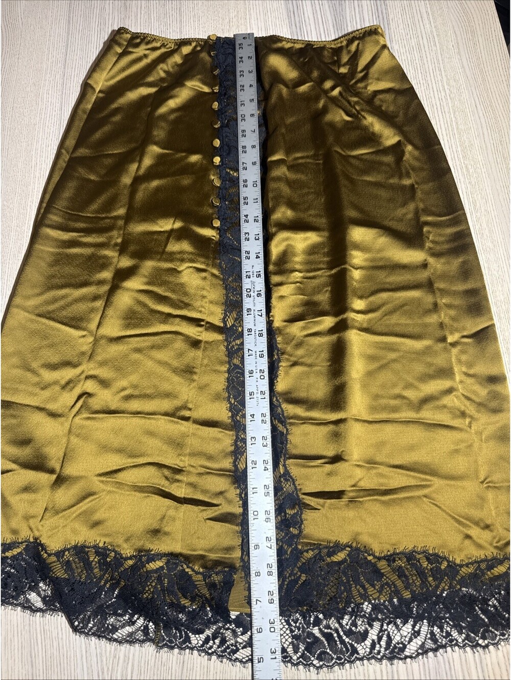 Victoria’s Secret Satin Gold Bronze Midi Slip Skirt Black Lace Button Trim X - Picture 8 of 12